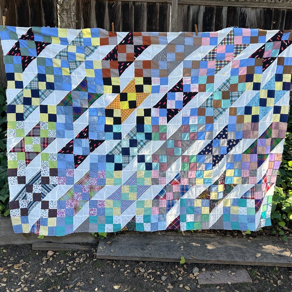 Vintage Quilt Top Scrapy Jacobs Ladder Unfinished Ready to Finish 96x66